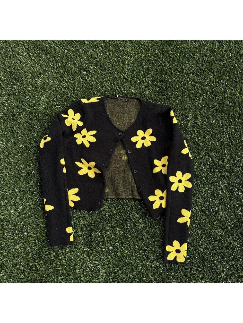 Black Women's Cardigan Sweater with Bright Yellow Floral Pattern